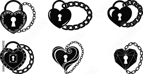 Six black heart shaped locks with chains on white background security love