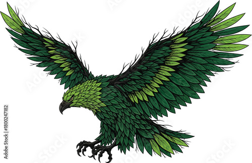 Majestic green eagle with outstretched wings in flight