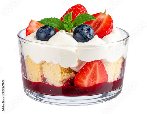  Strawberry Blueberry Trifle in Clear Glass Bowl, Garnished with Mint, Studio Lighting