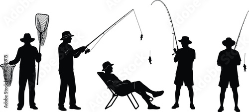 Silhouette collection of fishermen holding fishing rods, catching fish, relaxing outdoors with fishing nets, recreational fishing activity vector illustration