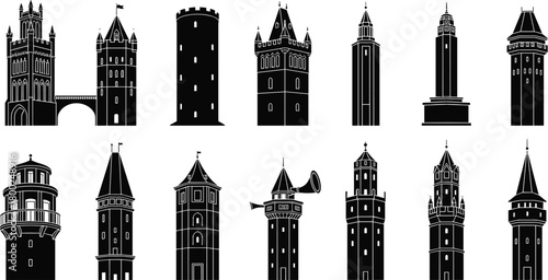 Historic tower and castle silhouette collection featuring medieval architecture, fortress towers, ancient buildings, vector illustration for design and decoration