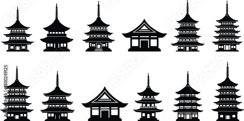 Japanese pagoda silhouette collection featuring traditional temple architecture, historic cultural buildings, Asian shrine designs, vector icons for travel and heritage themes