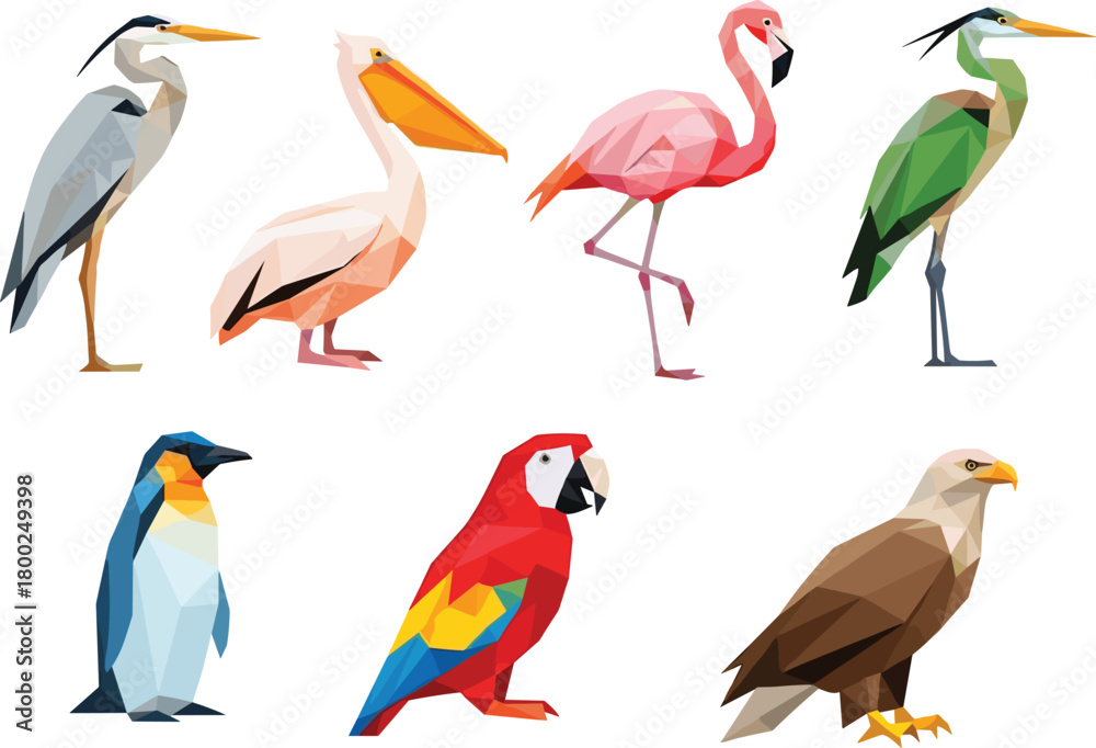 Naklejka premium Low poly bird illustration collection featuring flamingo, pelican, parrot, penguin, eagle, heron, geometric wildlife art, colorful polygon vector set