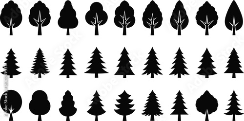 Collection of various tree silhouettes including pine, fir, forest trees, botanical shapes for nature design, landscape illustration, decorative vector elements set