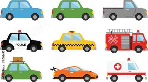 Colorful vehicle illustration set including cars, taxi, police car, fire truck, ambulance, pickup truck, race car, cartoon transportation vector collection