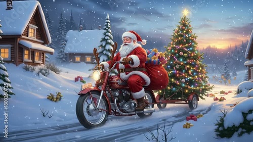 Santa Claus rides motorcycle pulling trailer with decorated Christmas tree and gifts. Holiday delivery through snowy village at sunset. Tracking shot with panning and tilting.