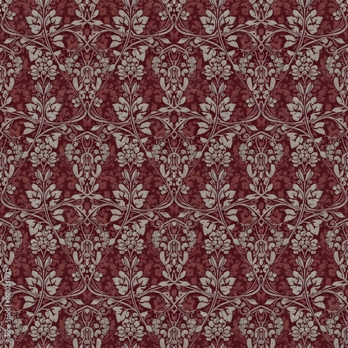 Seamless dark red background with intricate greyish beige stylized floral and vine motifs Elegant Art Nouveau pattern