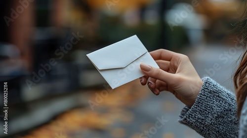 Fototapeta Naklejka Na Ścianę i Meble -  A woman's hand gently holds a small, blank white envelope outdoors on a fall day.  Autumn leaves are subtly visible in the background