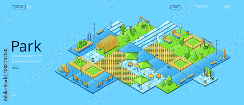 Eco park with isometric trees, benches, swing
