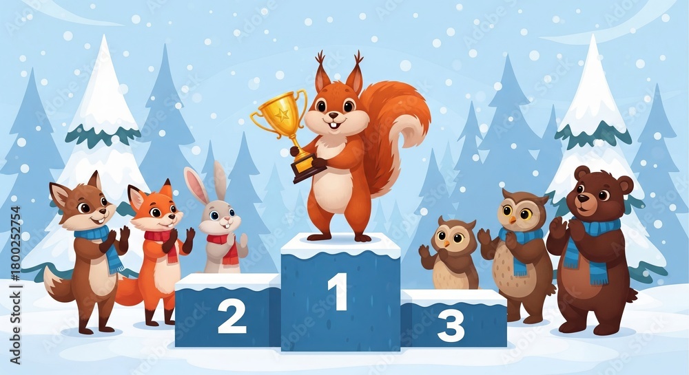 Fototapeta premium Cartoon forest animals celebrating a squirrel holding a trophy on a snowy podium in winter wonderland. concept of achievement, teamwork, festive celebration