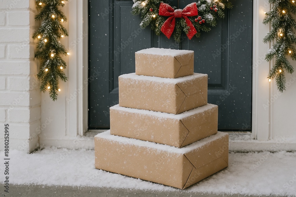 Obraz premium Snow-covered gift delivery boxes at doorstep during winter festive season in front of decorated doorway. concept of holiday delivery, winter decor, festive season