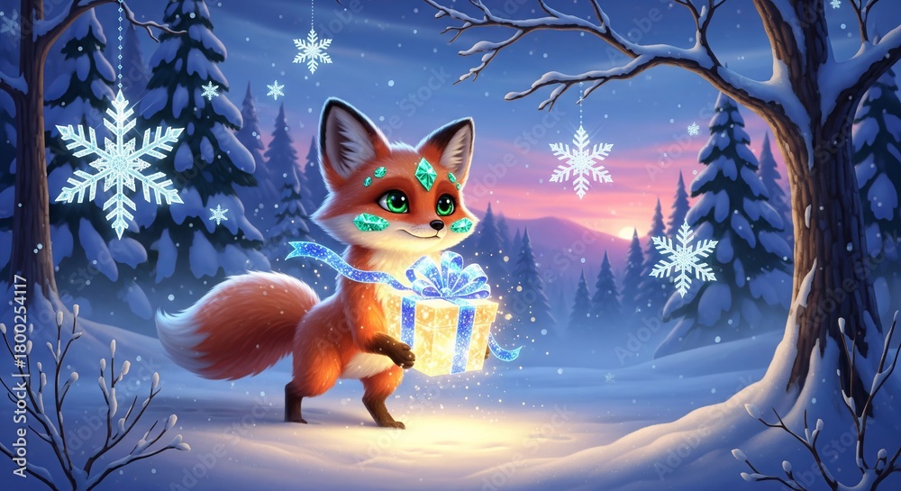 Fototapeta premium Whimsical fox carrying sparkling gift in snowy forest with magical snowflakes at sunset. concept of winter wonderland, animal fantasy, whimsical illustration