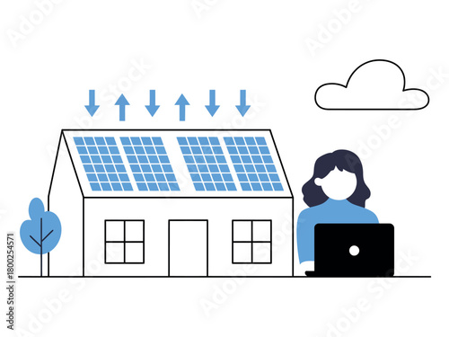 A person works on a laptop next to a house with solar panels on the roof under a cloudy sky.