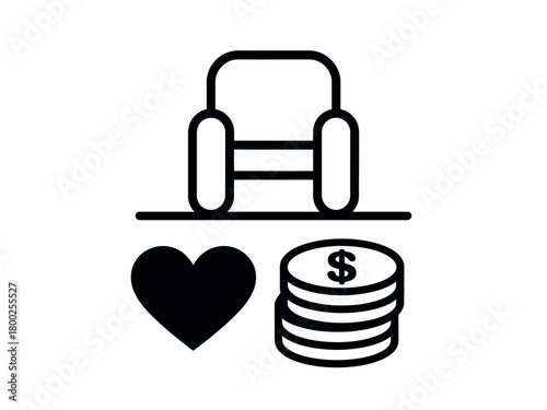 Comfortable armchair with a heart and coins, symbolizing home and finances.