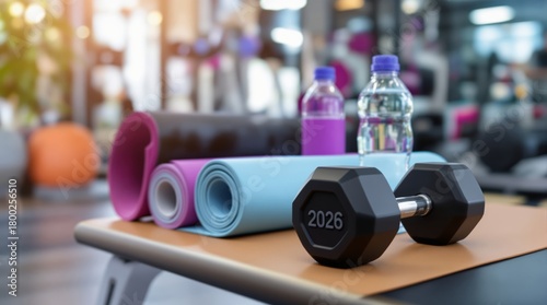 A gym scene with exercise mats, dumbbells, and water bottles. The dumbbell is labeled '2026', symbolizing New Year fitness goals.