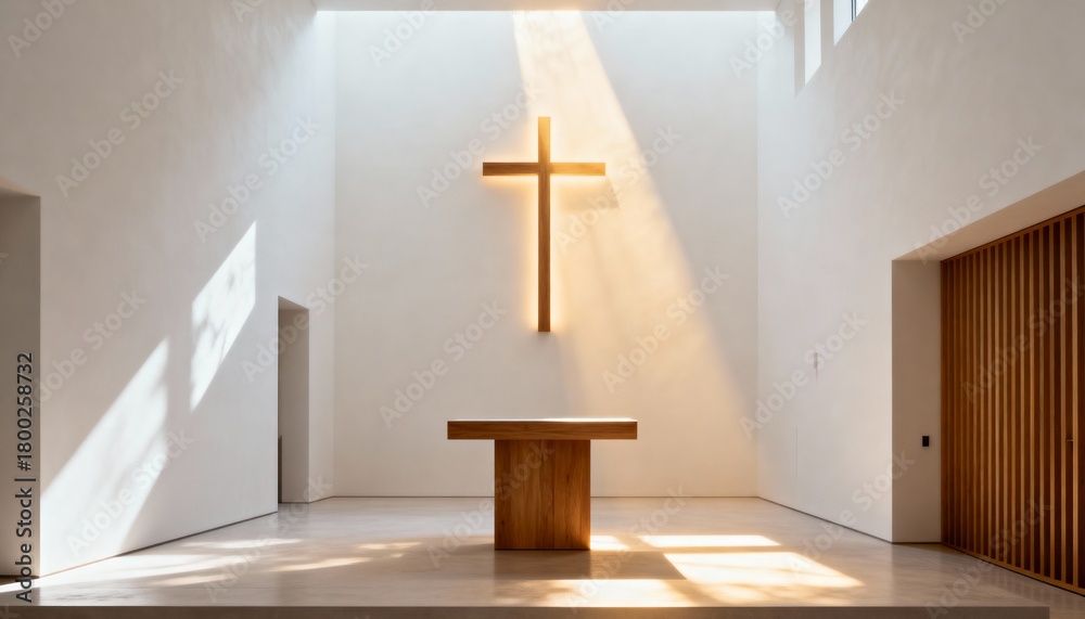 Naklejka premium Modern minimalist church interior with a wooden cross and altar. A beam of light illuminates the Christian symbol of faith. Spirituality and hope concept in a contemporary chapel