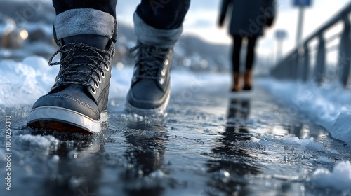 Fototapeta Naklejka Na Ścianę i Meble -  Person walking on slippery icy sidewalk in winter