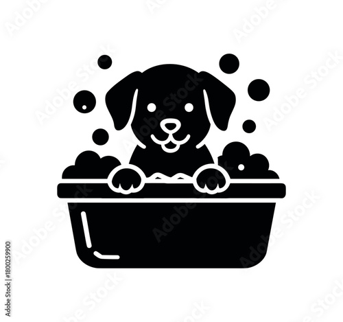 puppy bath time flat black solid vector illustration isolated on white background