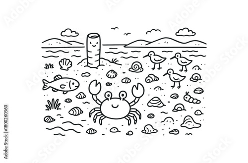 handdrawn cute doodle style tidal flat zone vector line illustration