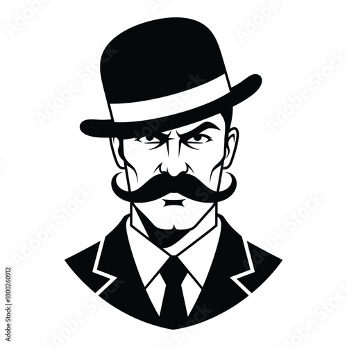 Serious man with bowler hat and large mustache monochrome illustration