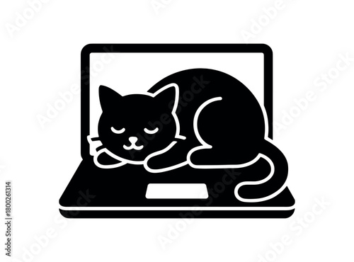 cat sleeping on laptop flat black solid vector illustration isolated on white background