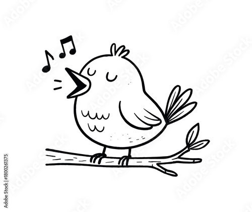 handdrawn cute doodle style bird singing on branch vector line illustration