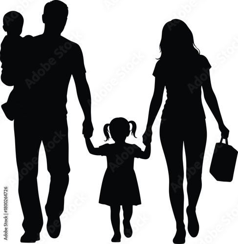 Black silhouette of a family walking together with a baby and a shopping bag father