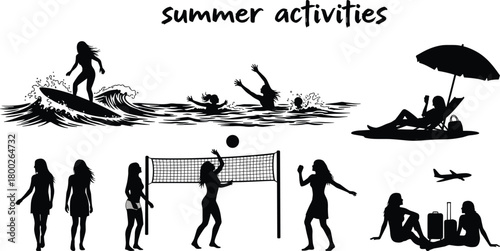 Black silhouette illustrations of women enjoying various summer activities including surfing swimming volleyball relaxing on beach and traveling