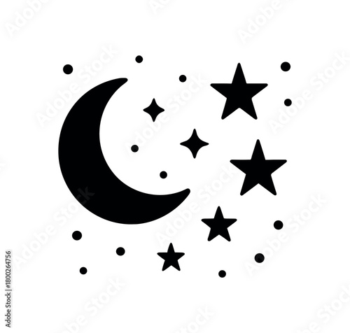 night sky with stars flat black solid vector illustration isolated on white background