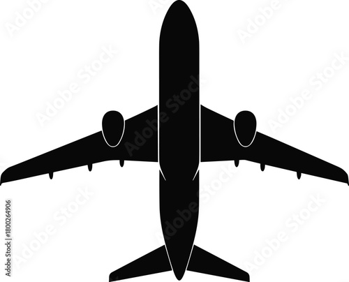 Black silhouette of a modern passenger jet airplane viewed from directly above aircraft
