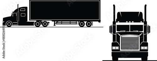 Black silhouette of a semi truck with trailer side and front views lorry freight truck