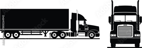 Black silhouette of a semi truck with trailer and front view of truck cab tractor trailer