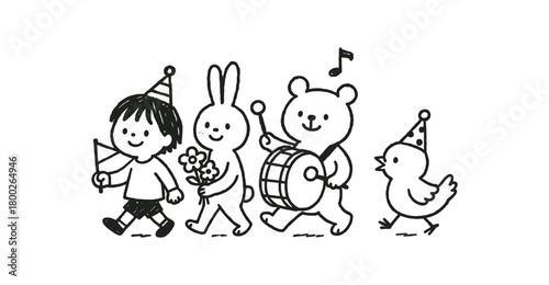 handdrawn cute doodle style procession vector line illustration