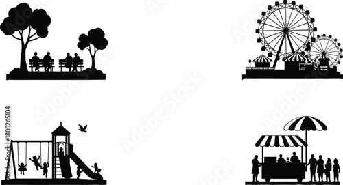 Black silhouette of park scenes including people on benches ferris wheels playground and food stall
