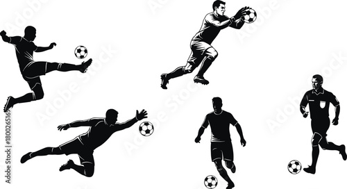 Black Silhouette Soccer Players in Action with Soccer Balls football black and white