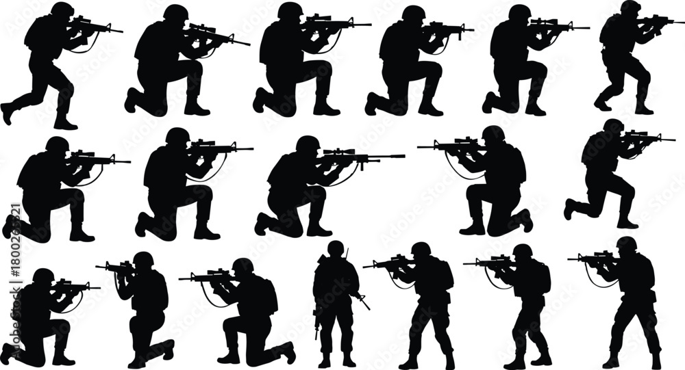 Naklejka premium Black silhouettes of soldiers in tactical gear aiming rifles on white background