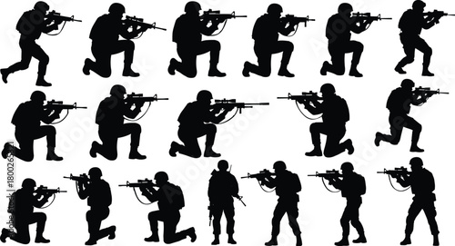 Black silhouettes of soldiers in tactical gear aiming rifles on white background