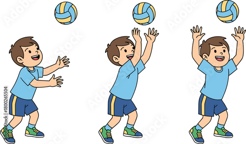 Cartoon boy playing volleyball in three sequential actions child sport
