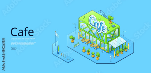 Banner with isometric cafe building