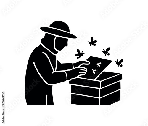 beekeeper gently checking hive flat black solid vector illustration isolated on white background