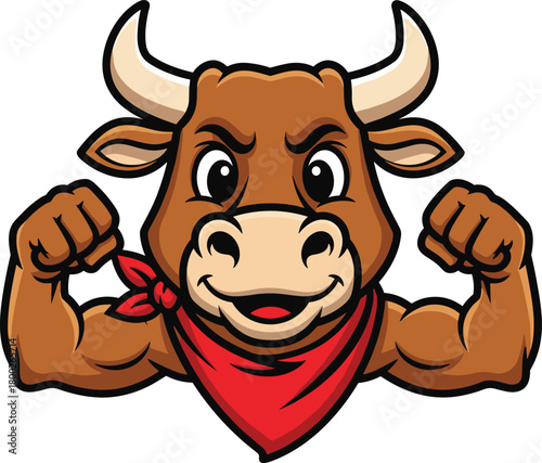 Cartoon muscular brown bull flexing arms wearing red bandana mascot animal