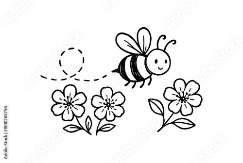 handdrawn cute doodle style bee flying between blossoms vector line illustration
