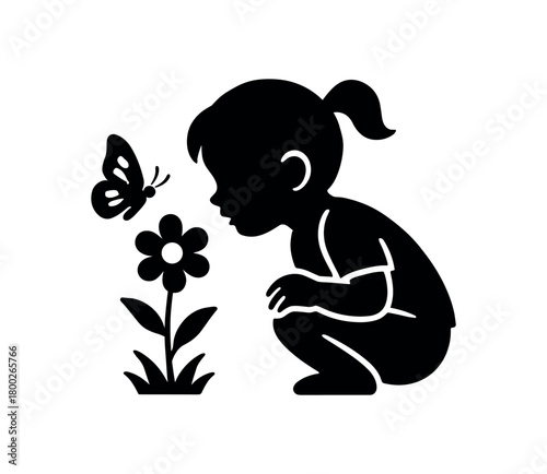 child watching butterfly land on flower flat black solid vector illustration isolated on white background