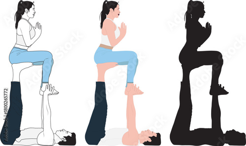 Three acrobatic yoga poses showing partner balance and strength