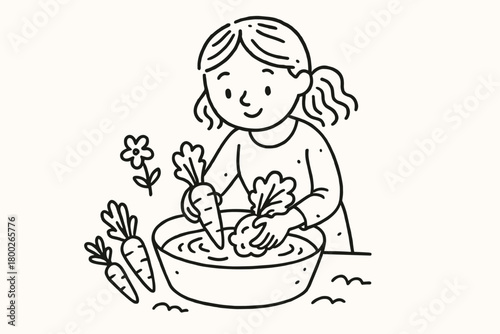 handdrawn cute doodle style woman washing vegetables from garden vector line illustration