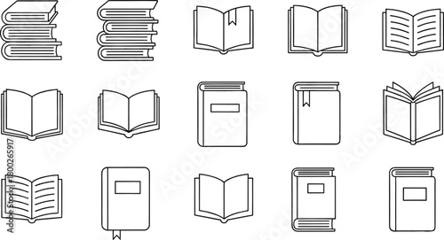 Collection of black and white line art icons of various books open book closed book