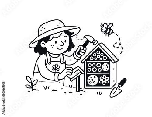 handdrawn cute doodle style gardener creating bee hotel vector line illustration