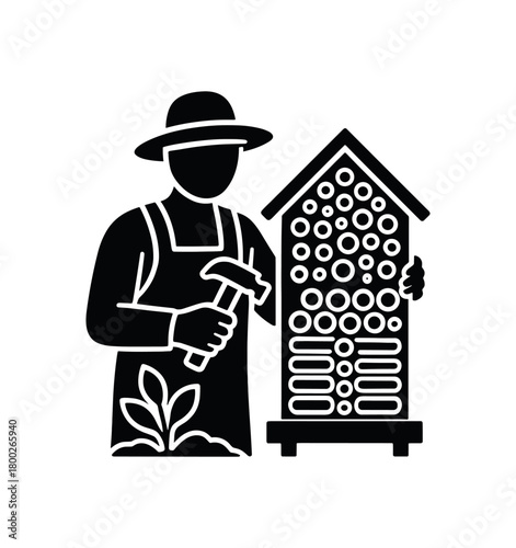 gardener creating bee hotel flat black solid vector illustration isolated on white background