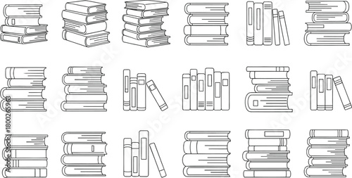 Collection of black and white line art illustrations of stacked and standing books