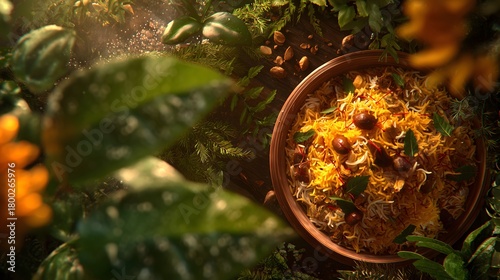 Biryani Dish with Saffron, Spices, and Colorful Garnishes